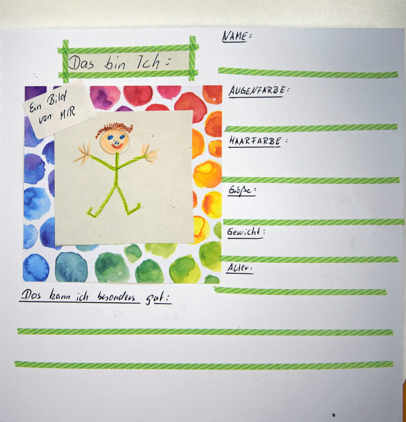 Eine Seite aus dem Bilderbuch, das die Kinder mit ihren Eltern oder Großeltern ausfüllen.