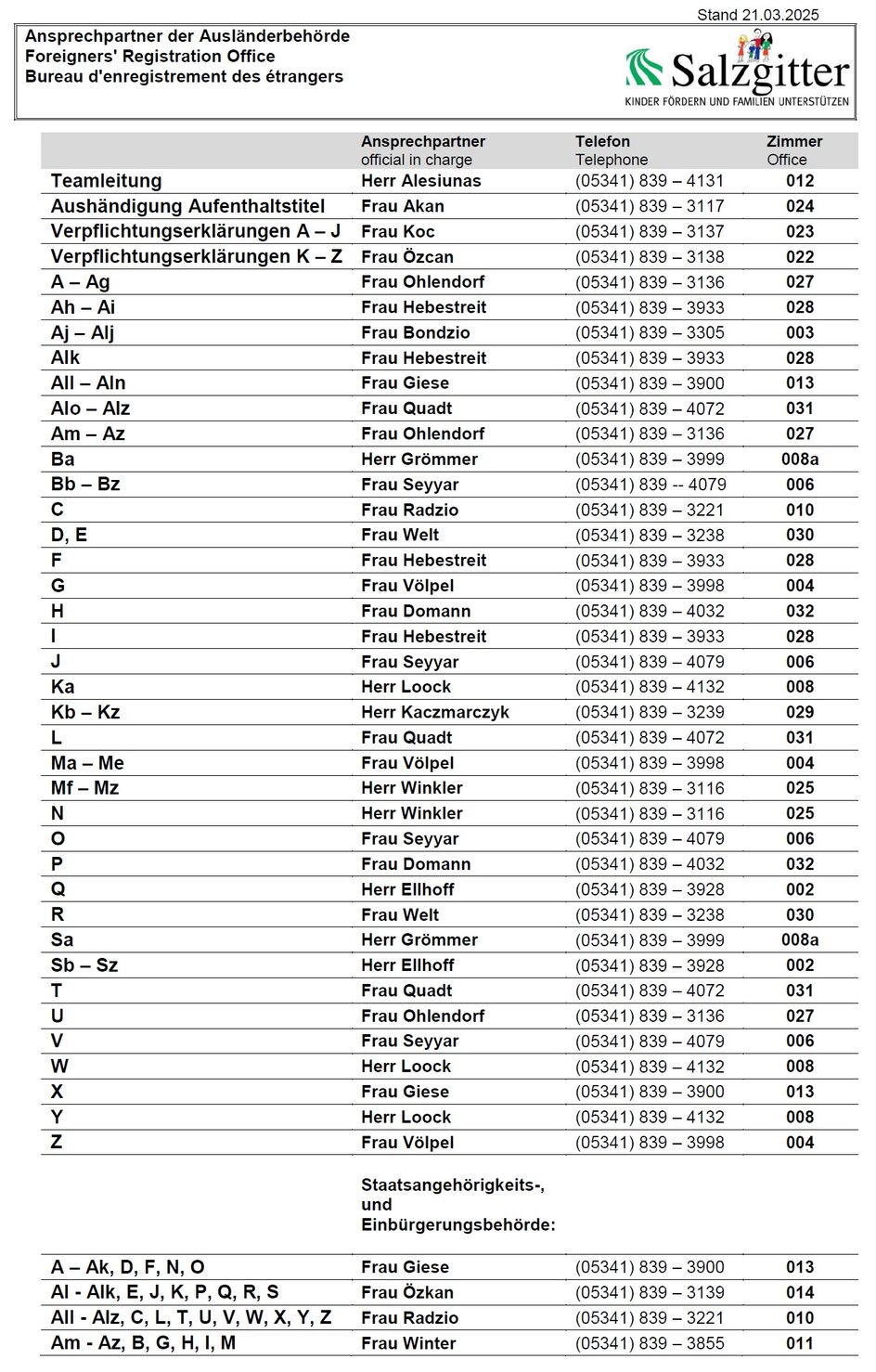 Alle Ansprechpartner/innen der Ausländerstelle. Anhand des ersten Buchstabes Ihres Nachnamens können Sie die/den für Sie zuständigen Ansprechpartner/in herausfinden.